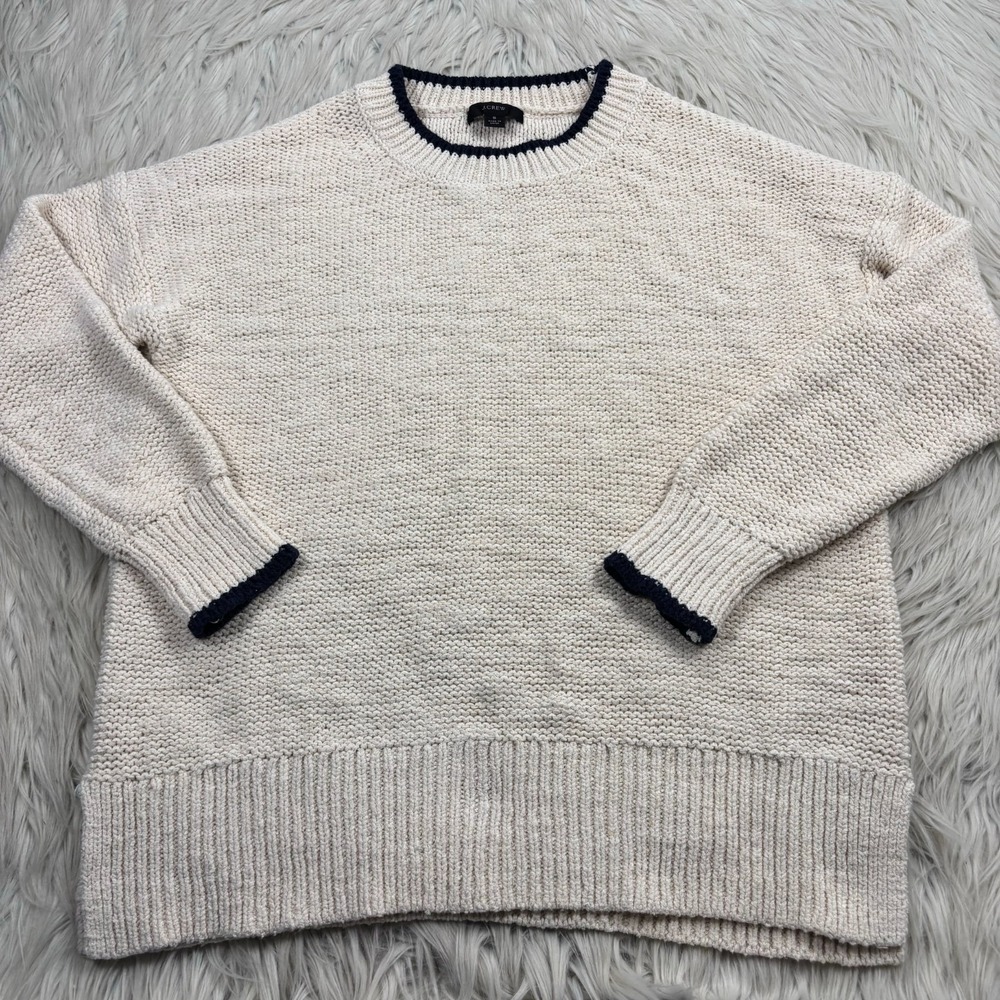J.Crew Women's S Ivory Navy Tipped Beach Sweater Coastal Preppy Heritage